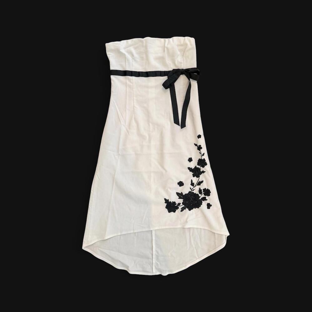 Y2K strapless white high low dress black embroidery black bow, babydoll top